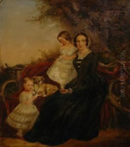 A Garden Portrait Of A Mother, Two Daughters And Their Dog. A Garden Portrait Of A Mother, Two Daughters And Their Dog.