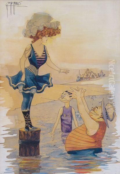 Two Men Set To Help Bathing Beauty Dive Into Water. - view 1
