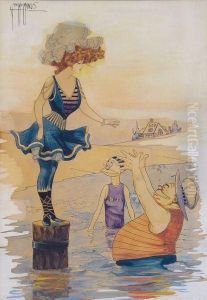 Two Men Set To Help Bathing Beauty Dive Into Water. by George Mcmanus