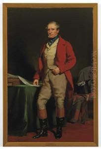 Portrait Of William Aird, Member Of The Lanarkshire And Renfrewshire Foxhounds, Full-length, In Hunting Dress, Standing By A Green Draped Table, His Right Hand Resting On A Newspaper by Daniel Macnee