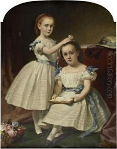 Portrait Of Two Young Girls With Flowers Reading - view 1