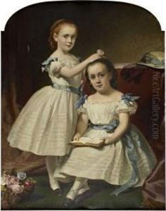 Portrait Of Two Young Girls With Flowers Reading by Daniel Macnee