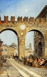 Continental Street Scene With Street Vendors by Arthur Joseph Meadows