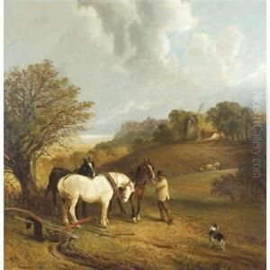 Sussex Landscape With Horses And Ploughman In The Foreground by Edwin Longsden Long