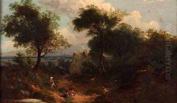 Figures In A Country Lane With Cottage Beyond - view 1