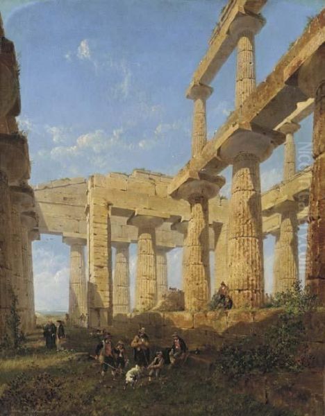 Travelers Resting At The Great Temple At Paestum - view 1