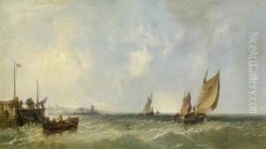 Fischerboote Und Ruderboot Vor Der Kuste.