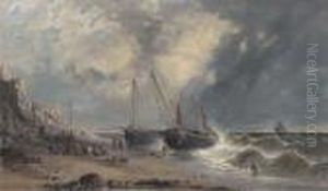 Fishermen Pulling Rye Trawlers Up The Beach Out Of The Surf