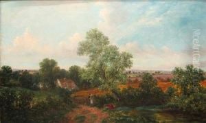 A Country Landscape With A Woman And Twochildren By A Pond A Country Landscape With A Woman And Twochildren By A Pond