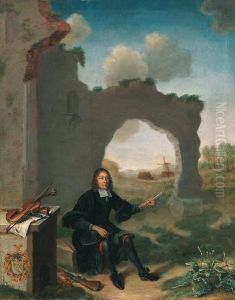 Portrait Of A Gentleman, Small Full-length, Seated On A Stone Blockholding A Flute, Before A Ruined Church In A Wooded Landscape,musical Instruments And A Score On A Stone Bench, A Gun And A Deadduck At His Feet Portrait Of A Gentleman, Small Full-length, Seated On A Stone Blockholding A Flute, Before A Ruined Church In A Wooded Landscape,musical Instruments And A Score On A Stone Bench, A Gun And A Deadduck At His Feet