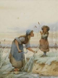 -woman With Child Collectingbulrushes