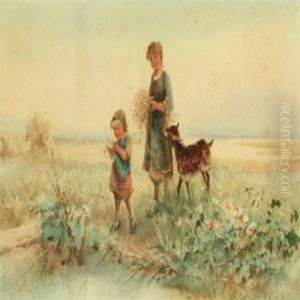 Girls And Goat On A Flowerfield