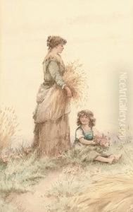 The Haymaker With A Child; Girl With Flowers by Fanny Mearns