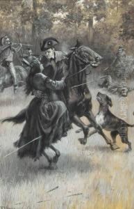 Man On Horseback Rescuing Indian Maiden In The Midst Of Battle.