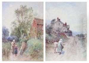 Woman And Children By A Gate; Feeding A Calf by Henry Measham