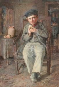 Young Boy Seated Eating An Apple by Henry Measham