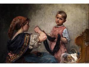 Junges Madchen Mit Einem Knaben Beim Wollgarn Aufwickeln by Hedwig Grossmann