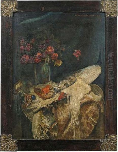 Still Lifewith Flowers, Jewellery, Fan, Stole And Shoe. - view 1