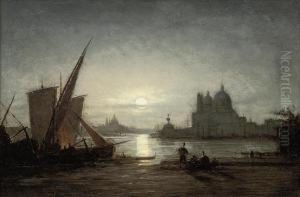Fisherfolk Before Santa Maria Della Salute Under The Moon by Ludwig Mecklenburg