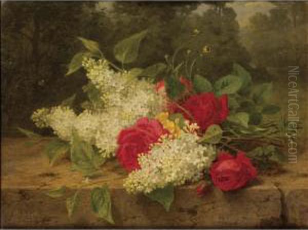 Lilas Et Roses Rouges [ ; Lilac And Red Roses ; Signed Lower Left J Medard ; Oil On Canvas] - view 1