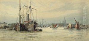 London Pool - St. Paul's From Cherry Garden Pier Below London Bridge by Hubert James Medlycott