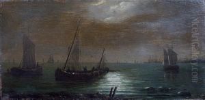'fishing Boats' - By Moonlight by Walter Meegan