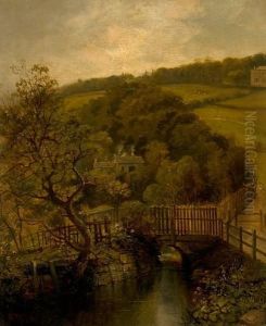 Bridge Over A Stream Before Cottages In Awooded Landscape by Walter Meegan