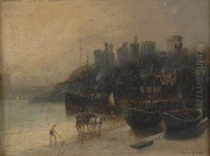 Coastal Fishing Scene With Moored Boats by Walter Meegan