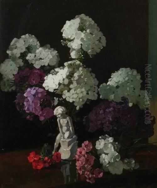 Hydrangeas And Nosegays With Putto On A Tabletop - view 1