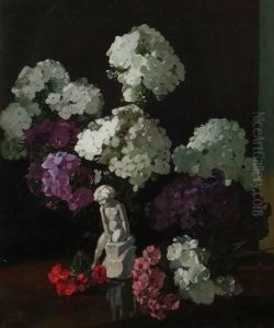 Hydrangeas And Nosegays With Putto On A Tabletop by Frederick George Meekley