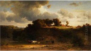 Landschaft Mit Kuhen, Hausern Und Einem Heuwagen Landschaft Mit Kuhen, Hausern Und Einem Heuwagen