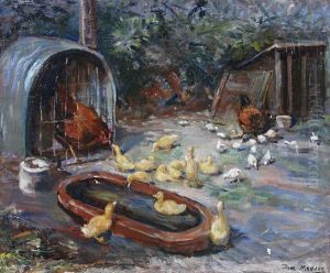 Hens With Chicks Bathing by Dora Meeson