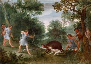 Waldlandschaft Mit Einer Wildschweinjagd