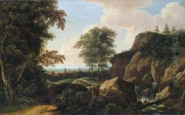 Paesaggio Boschivo Eroico Con La Veduta Di Una Citta In Lontananza - view 1