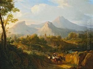 An Extensive Italianate Landscape With Figures And Donkeys In The Foreground With Mountains Beyond by Joseph Meganck