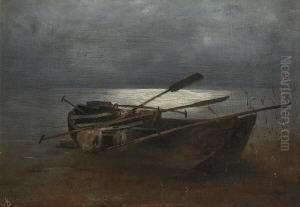 Fischerkahn Am Nachtlichen Seeufer.
