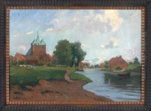 Sommerliche Flusslandschaft Am Stadtrand Mit Blick Auf Eine Romanische Backsteinkirche by Hanna Mehls