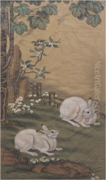 Rabbits Amongst Chrysanthemums And Rocks In A Garden With A Bamboo Fence - view 1