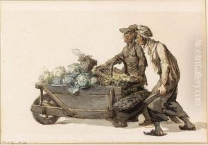 Two Market-vendors Wheeling A Barrow Full Of Cabbages Two Market-vendors Wheeling A Barrow Full Of Cabbages