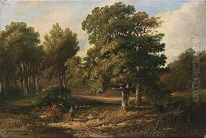 A Peasant Woman On A Path In A Wooded Landscape by Gerhardus Meijer
