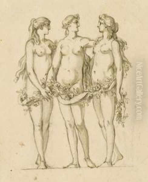 Die Drei Grazien. Feder In Schwarz, Grau Laviert, Auf Papier. 8,7 X 7 Cm. - view 1