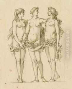 Die Drei Grazien. Feder In Schwarz, Grau Laviert, Auf Papier. 8,7 X 7 Cm. by Johann Wilhelm Meil