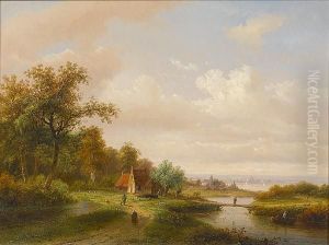 A River Landscape With A Village In The Distance by Claas Hendrik Meiners