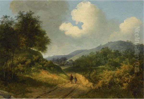 A Wooded Landscape With Travellers On A Track - view 1