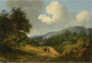 A Wooded Landscape With Travellers On A Track by Claas Hendrik Meiners
