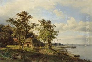 A Summer Landscape With Travellers Along A River by Claas Hendrik Meiners