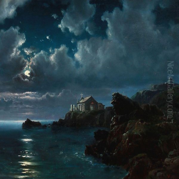 Moonlight Over A Church At The Scottish Coast - view 1