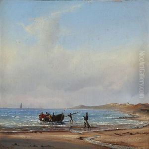 Coastal Scene With Fishermen Pulling A Rowboat Out To The Sea by Vilhelm Melbye