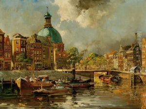 View Of The Singelgracht With The Lutheran Church On The Background In Amsterdam
