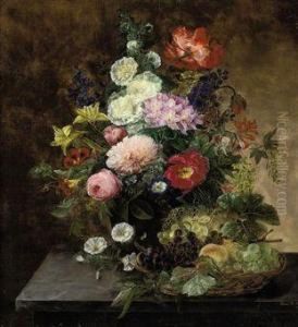 Summer Blooms And A Basket Of Fruit by Henriette Melchior